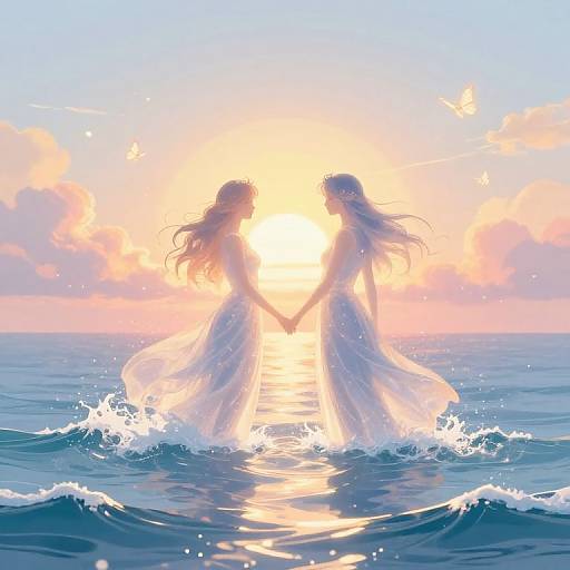 Digital anime-style artwork of two silhouetted women with long hair, holding hands and standing in ocean waves at sunset, creating a heart shape with