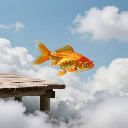 Photograph of a vibrant orange goldfish with flowing fins, swimming near a wooden dock, set against a bright blue sky with fluffy white clouds.
