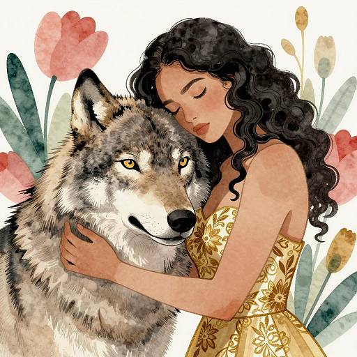 Embracing Nature: Woman and Wolf