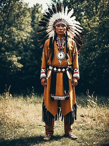 Photograph of an Indigenous man in traditional Native American attire, standing in a sunlit forest, wearing a white feather headdress, orange fringed robe