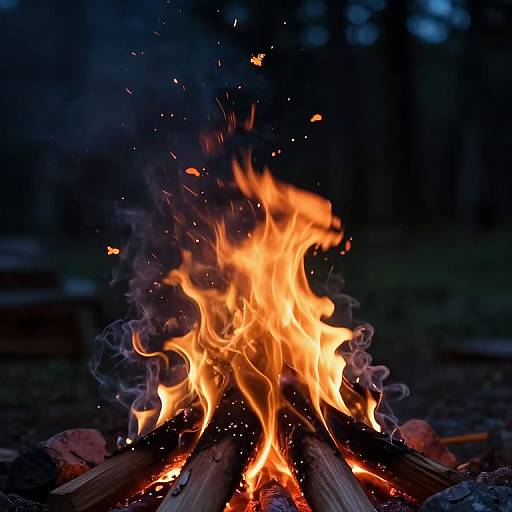 Photograph of a vibrant, orange-yellow campfire with bright flames and glowing embers, set against a dark, forested background at night.