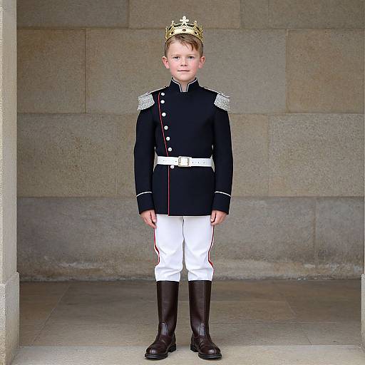Photograph of a young boy in a black military-style jacket with silver epaulettes, white pants, black boots, and a gold crown,