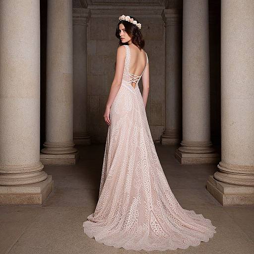 Photograph of a woman in a backless, lace white wedding gown with a long train, wearing a floral headband, standing in a columned