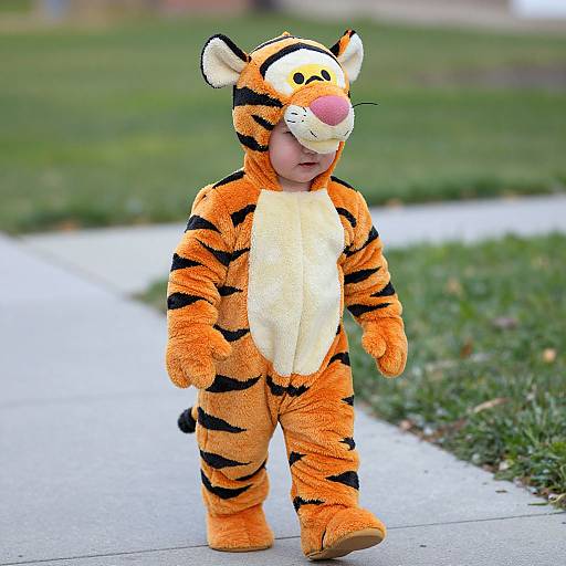 Toddler in Tigger Costume Walking Outdoors