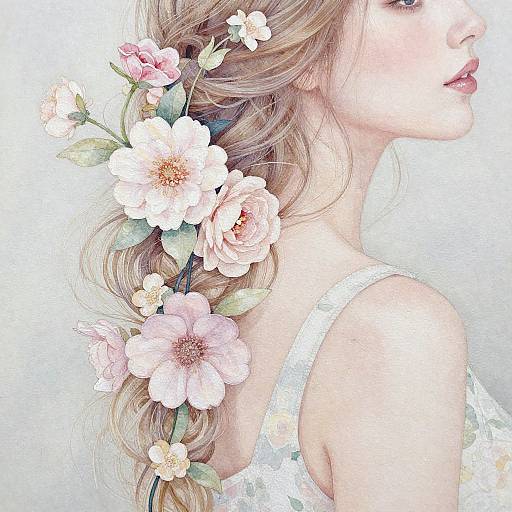 Photograph of a blonde woman with wavy hair, wearing a white lace top, adorned with pink and white floral hairpiece, side profile, soft