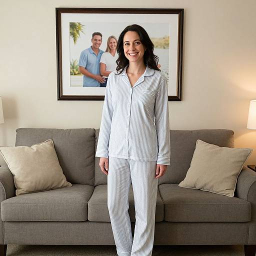 Photograph of a smiling woman with medium brown hair in white striped pajamas, standing in front of a gray sofa with beige pillows, and a framed