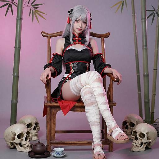 Silver-Haired Woman with Skull and Tea Set