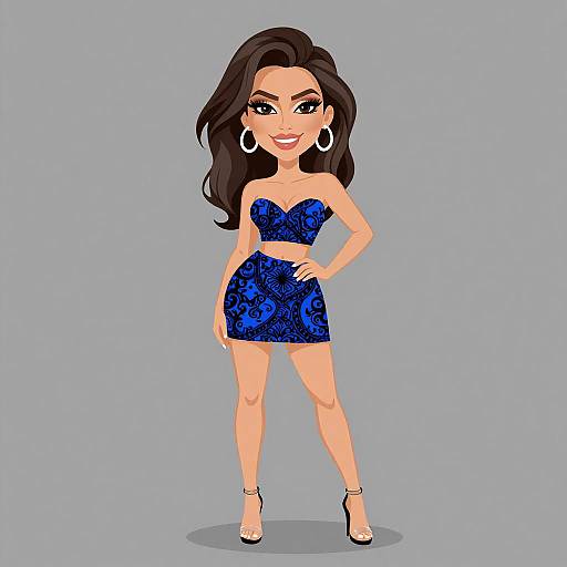 Digital cartoon of a confident woman with long black hair, wearing a blue floral strapless mini dress, white high heels, and large hoop earrings, standing