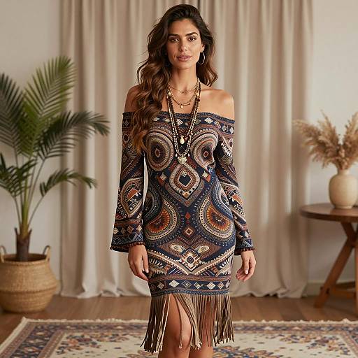 Woman Wearing Off-Shoulder Boho Dress Indoors