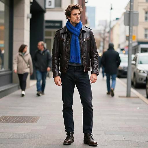 Man in Leather Jacket and Blue Scarf in City