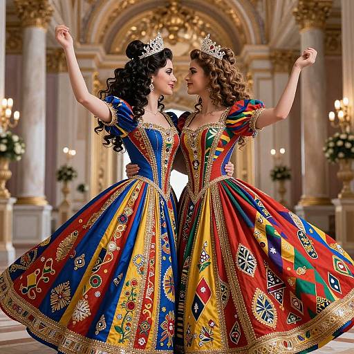 Photograph of two princesses in colorful, embroidered ball gowns with gold trim and silver crowns, dancing in an opulent, grand hall.