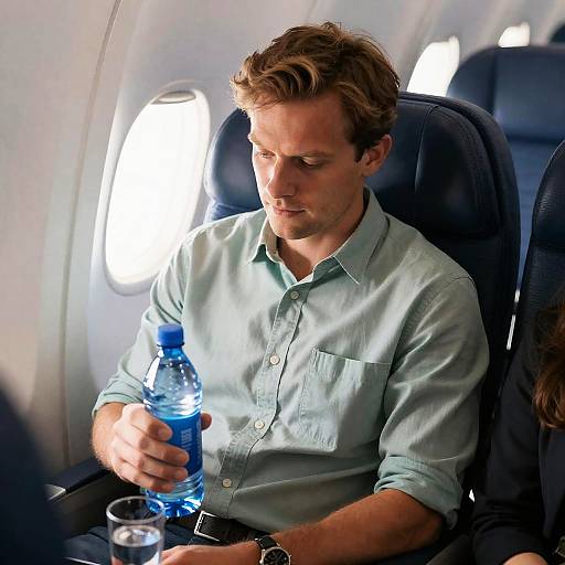 Man Focused on Water Bottle in Flight