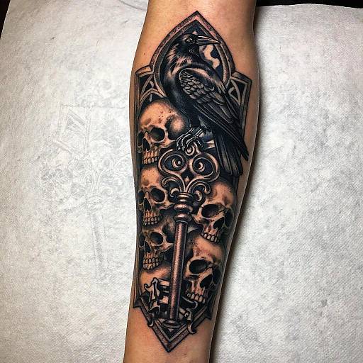 Tattoo of a black crow perched on a key, surrounded by detailed human skulls, inside a Gothic-style arch, on forearm.