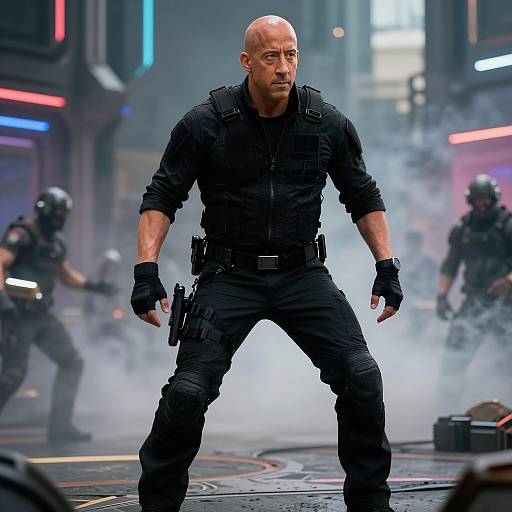 Photograph of a bald, muscular man in black tactical gear, standing with a gun, surrounded by smoke and neon-lit futuristic cityscape, fl