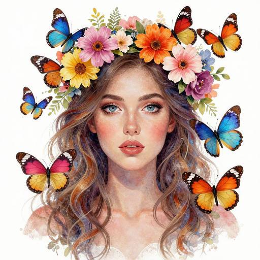 Digital artwork of a fair-skinned woman with wavy brown hair, wearing a colorful flower crown with vibrant butterflies, against a white background.