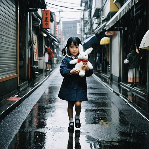 Little Girl Walking with Stuffed Rabbit in Rainy Alley