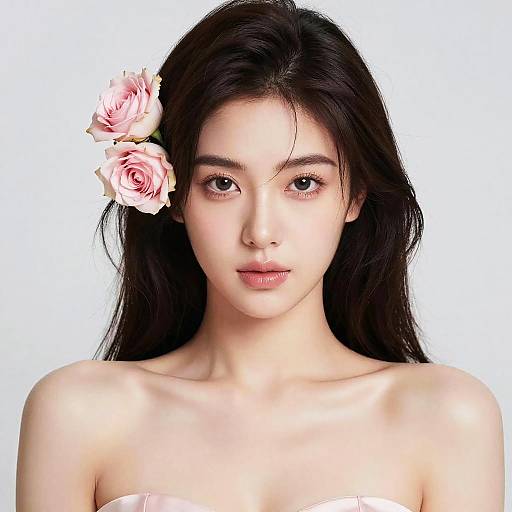 Photograph of a beautiful young Asian woman with long black hair, fair skin, and delicate pink roses in her hair, wearing a strapless white top