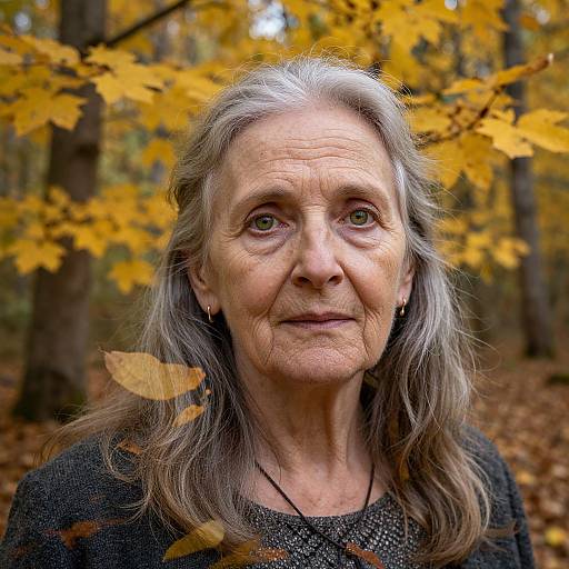 Photograph of an elderly woman with long gray hair, wearing a black textured sweater, standing in an autumn forest with yellow leaves. Her expression is calm