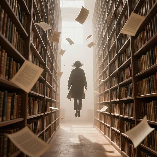 Photograph of a silhouette figure with flowing hair, wearing a long coat, flying down a sunlit library aisle with books and papers floating in the air