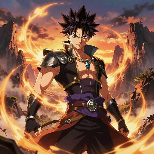 Digital anime artwork of a muscular, spiky-haired male warrior with glowing orange fire rings, black armor, and a blue gem necklace, standing in a