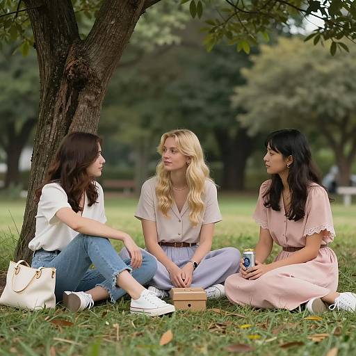 Three Friends Relaxing Under a Tree