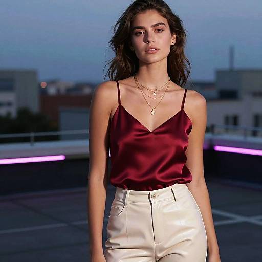 Serene Woman in Neon Rooftop Fashion