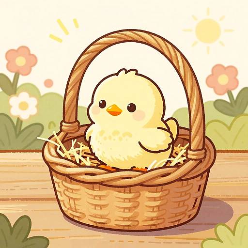 Cute digital illustration of a fluffy yellow chick in a woven basket, with a bright sun and colorful flowers in the background.