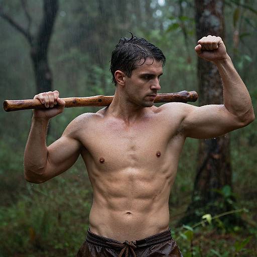 Photograph of a muscular, shirtless man with wet, dark hair holding a wooden bat over his shoulders in a rainy forest.