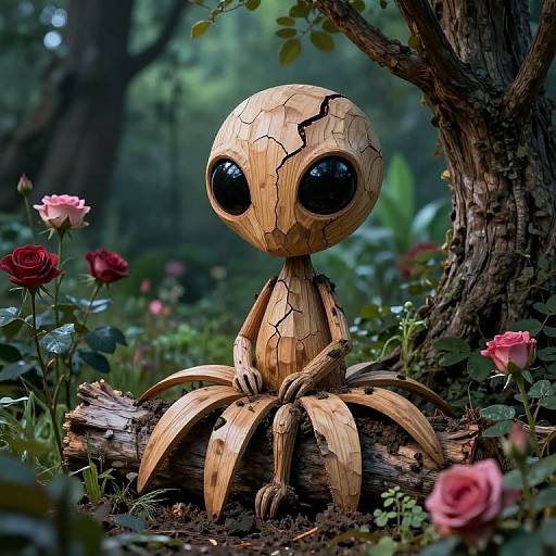 Digital art of a cracked wooden, bug-eyed creature with large black eyes, sitting on a log in a lush forest, surrounded by pink roses and green