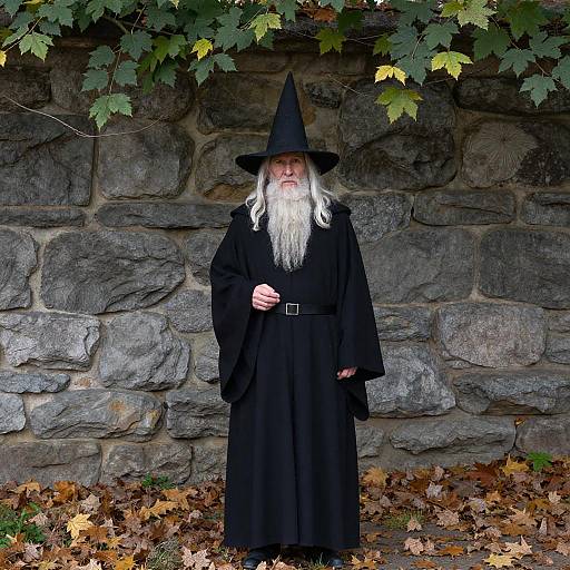 Photograph of a white-bearded wizard in a black robe and pointed hat, standing against a stone wall with autumn leaves.