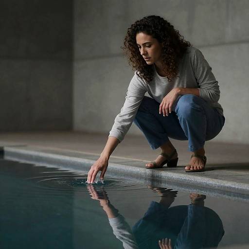 Woman Interacting with Reflective Pool