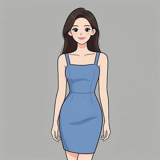 Digital illustration of a smiling woman with long black hair, wearing a fitted blue dress, standing against a light blue background.