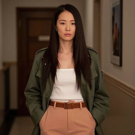 Asian Woman in Military Jacket Standing in Hallway