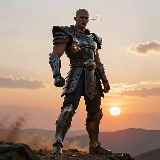 Photograph of a muscular, bald man in detailed, silver medieval armor standing on rocky terrain at sunset, with an orange sky and distant mountains.