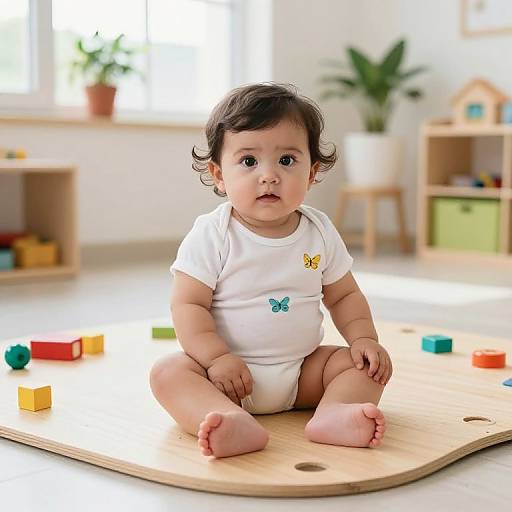 Photograph of a chubby, dark-haired baby with large eyes, wearing a white onesie with butterfly embroidery, sitting on a wooden play mat in a