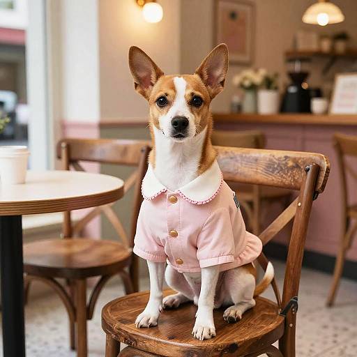 Photograph of a small brown and white corgi with large ears, wearing a pink dress with white collar and buttons, sitting on a wooden chair