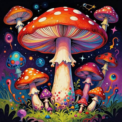 Vibrant digital artwork of colorful, glowing, red-spotted mushrooms with white spots, surrounded by multicolored orbs and grass, set against a