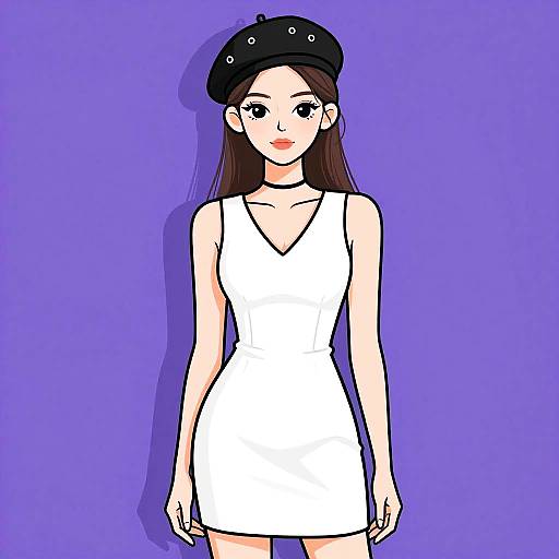 Digital anime-style drawing of a young woman with long brown hair, wearing a black beret, white V-neck dress, and purple background.