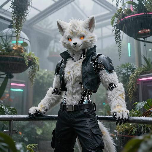 Alabaster Protogen in Cyberpunk Greenhouse