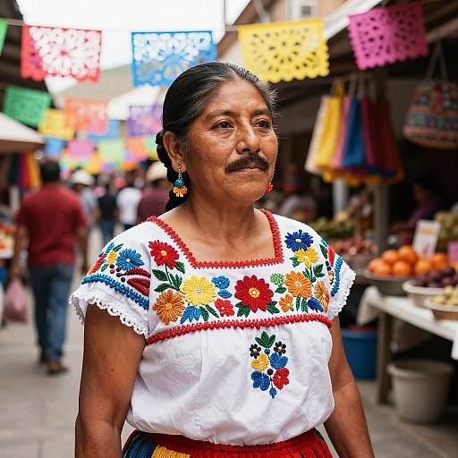 Photograph of an elderly Mexican woman with dark hair, mustache, wearing a white blouse with colorful floral embroidery, standing in a vibrant, bustling market