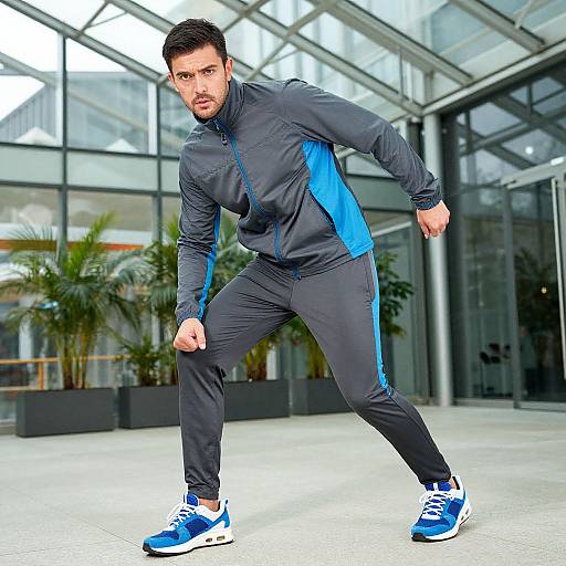 Photograph of a fit, bearded man in a black and blue athletic tracksuit, blue sneakers, and intense expression, striking a dynamic pose in