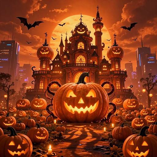 Digital artwork of a spooky Halloween scene: giant glowing pumpkin with a sinister grin, surrounded by smaller carved pumpkins, eerie gothic castle, orange sunset