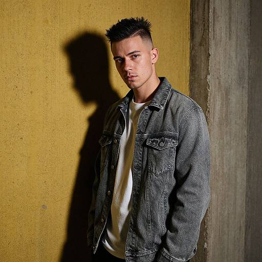 Photograph of a young man with short, spiked black hair, wearing a gray denim jacket over a white shirt, standing against a yellow and gray textured