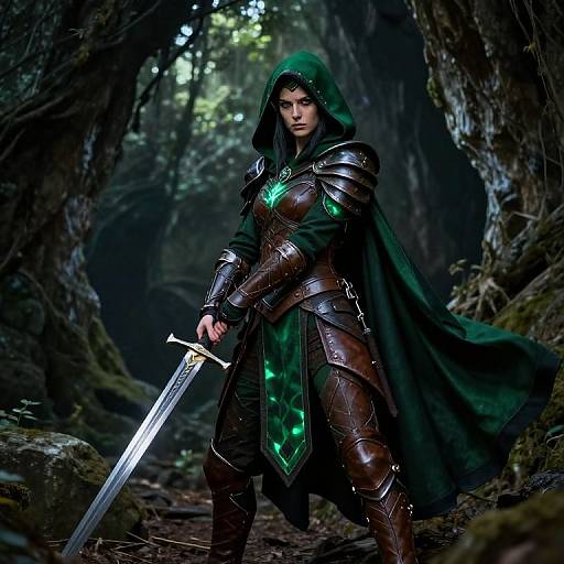 Digital fantasy artwork of a stern, armored woman in green hood and cloak, holding a glowing sword in a dark, forested cavern.