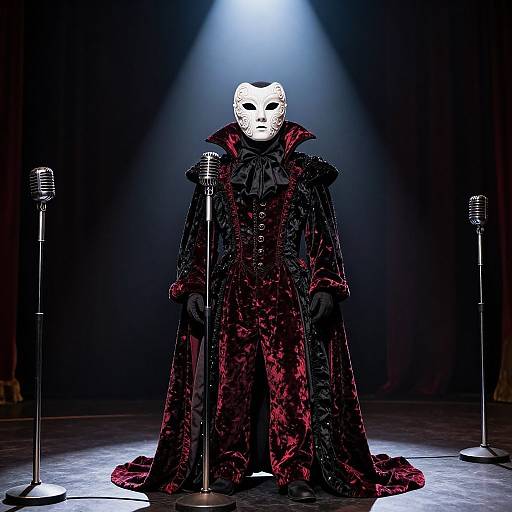 Photograph of a white mask-wearing figure in a black and red velvet cloak, standing on a stage with two vintage microphones. Dramatic spotlight