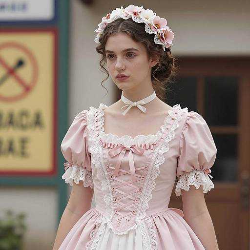 Young woman in pink Victorian-style dress