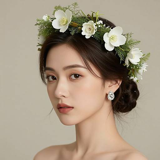 Photograph of an East Asian woman with fair skin, dark hair in a bun, wearing a white flower crown, diamond earrings, and red lipstick,