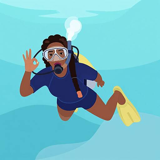 Digital illustration of a dark-skinned, curly-haired person with black hair, wearing a blue wetsuit, snorkel mask, and yellow fins,