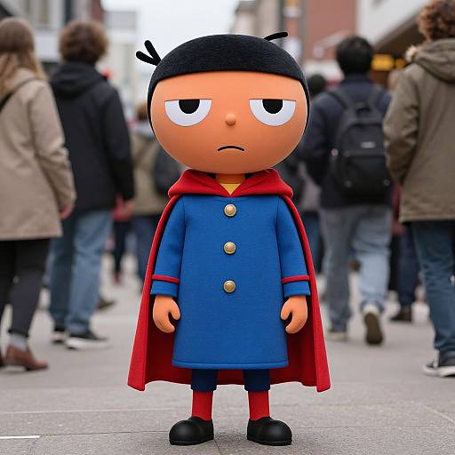Photograph of a cartoonish, sad-faced character in a blue coat with red buttons, red cape, and black hat, standing in a busy city
