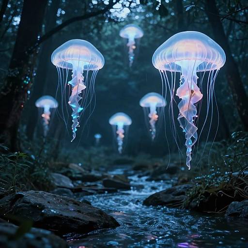 Photograph of ethereal, glowing jellyfish with translucent blue and pink hues floating above a dark, forest stream at night.